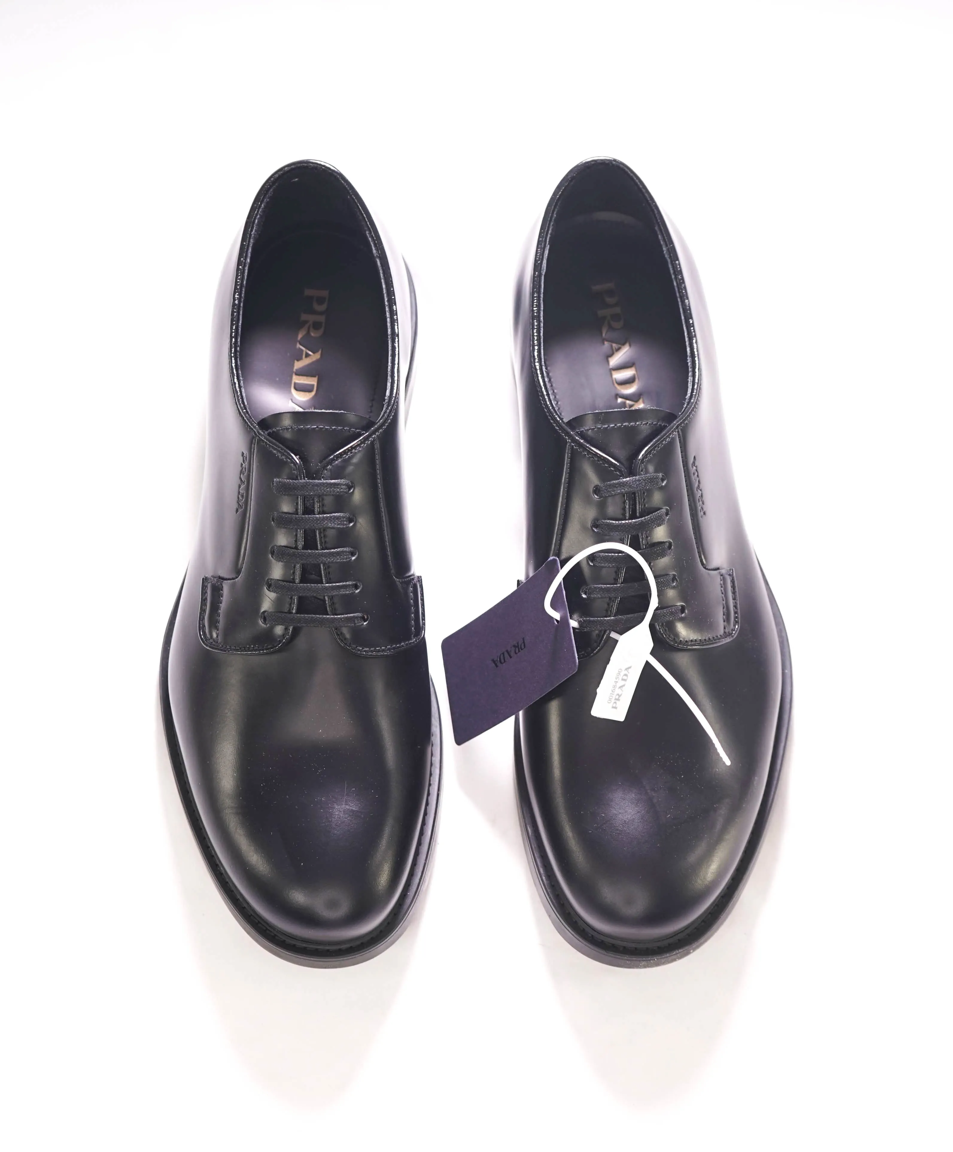 $1,150 PRADA - Black Brushed Leather Derby Lace-Ups - 9 US (8 Prada)