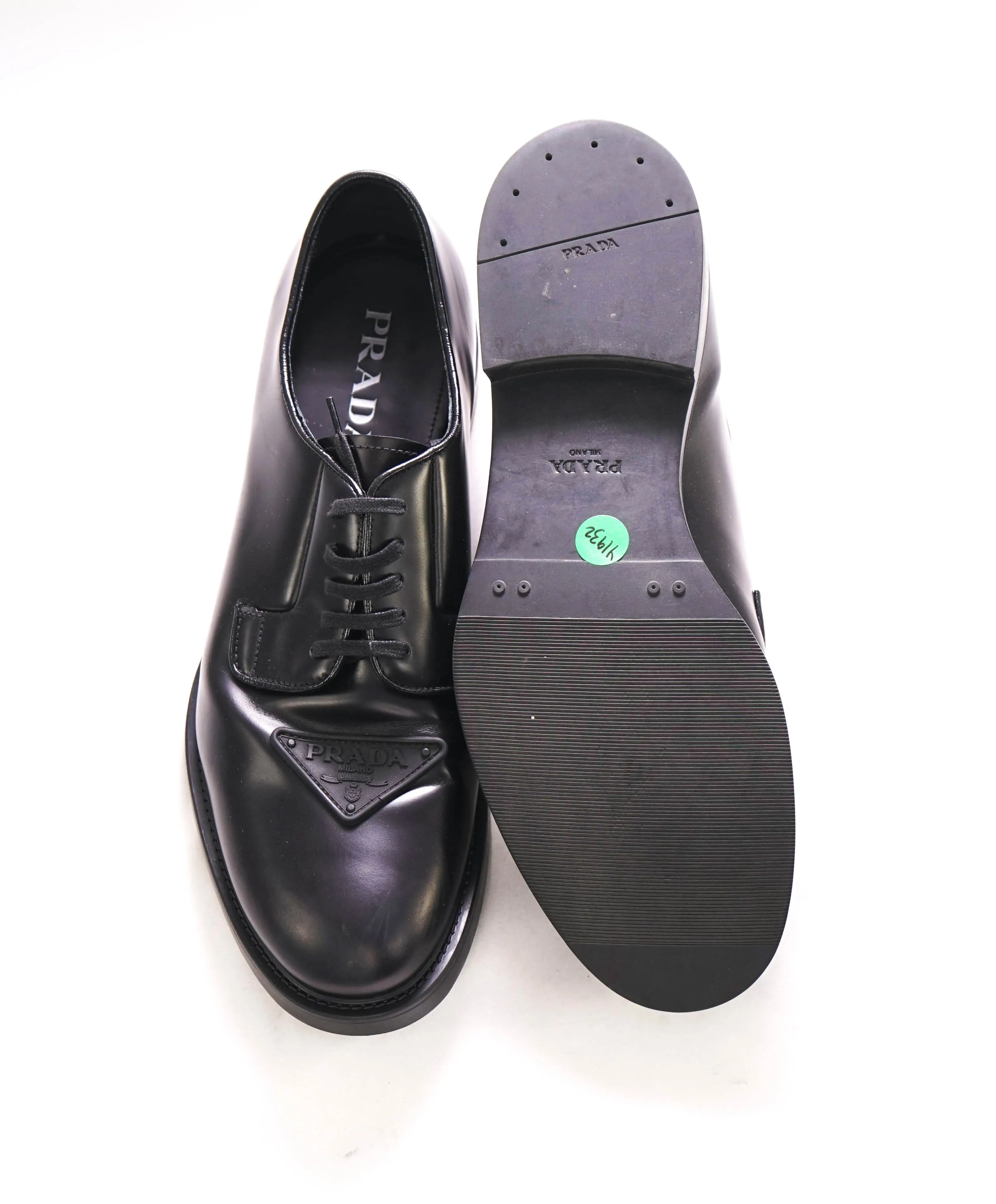 $1,150 PRADA - Black Brushed Triangle Plaque Leather Derby Lace-Ups - 11 US (10 Prada)