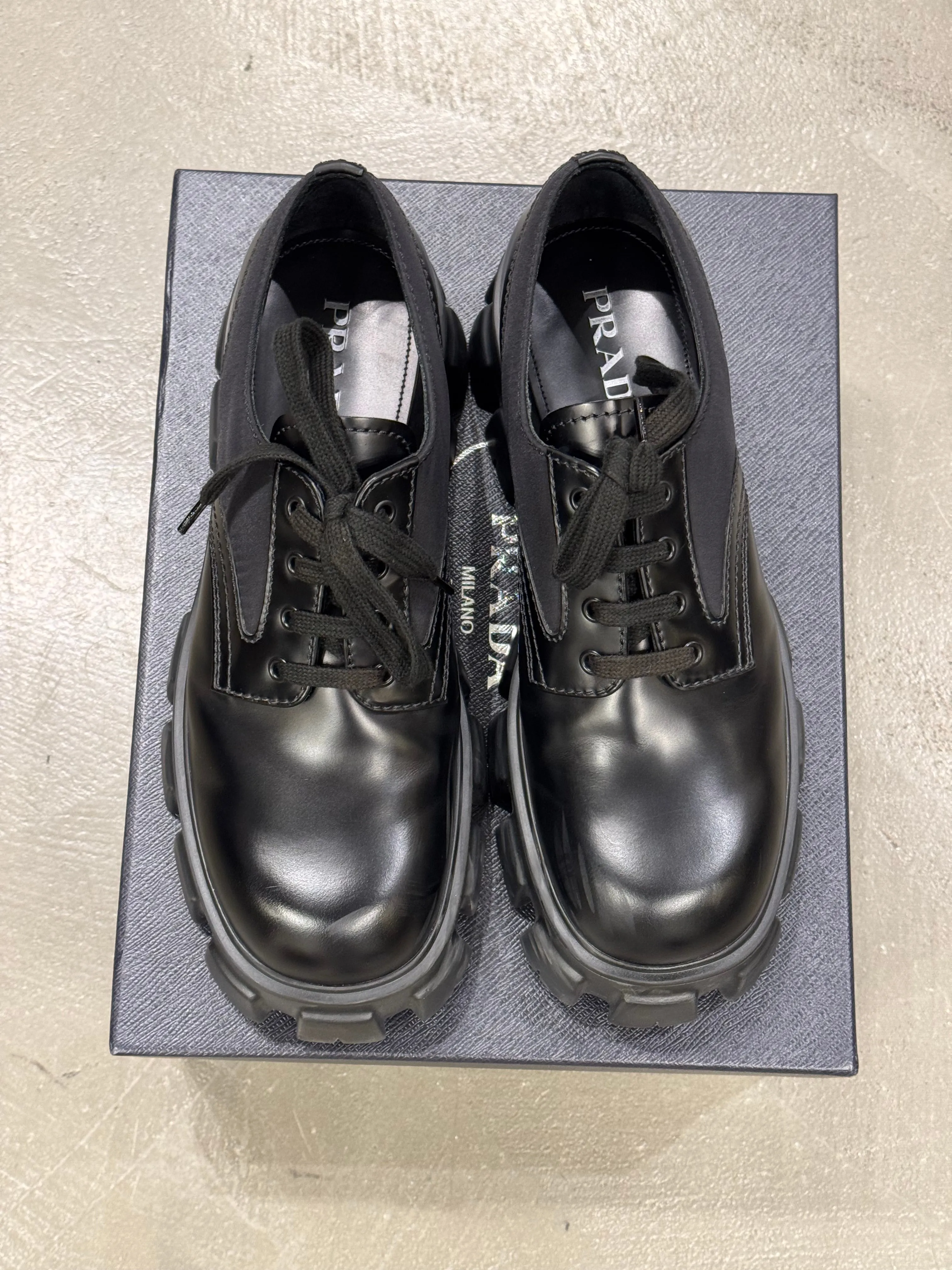 2023 Prada monolith leather/Nylon derby shoes