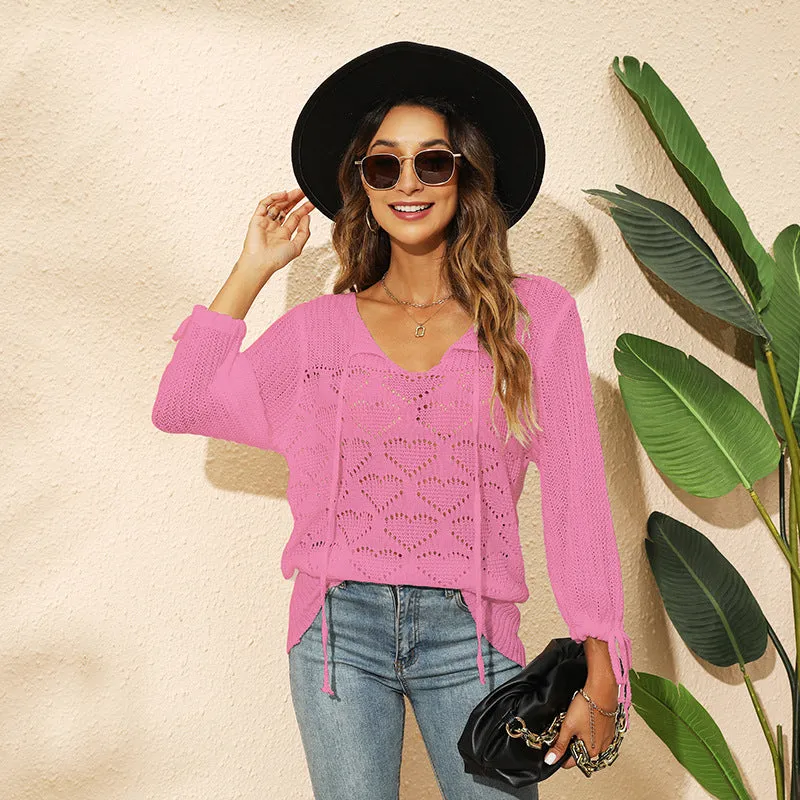 2025 new knitted sweater women's autumn and winter love hollow short-sleeved temperament commuter sweater top