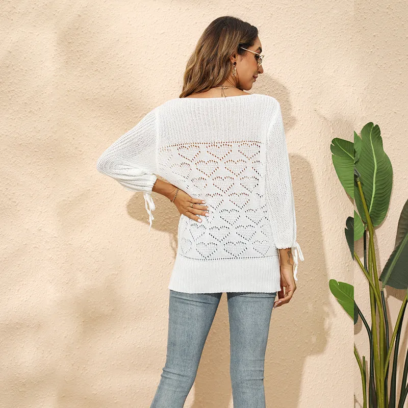 2025 new knitted sweater women's autumn and winter love hollow short-sleeved temperament commuter sweater top