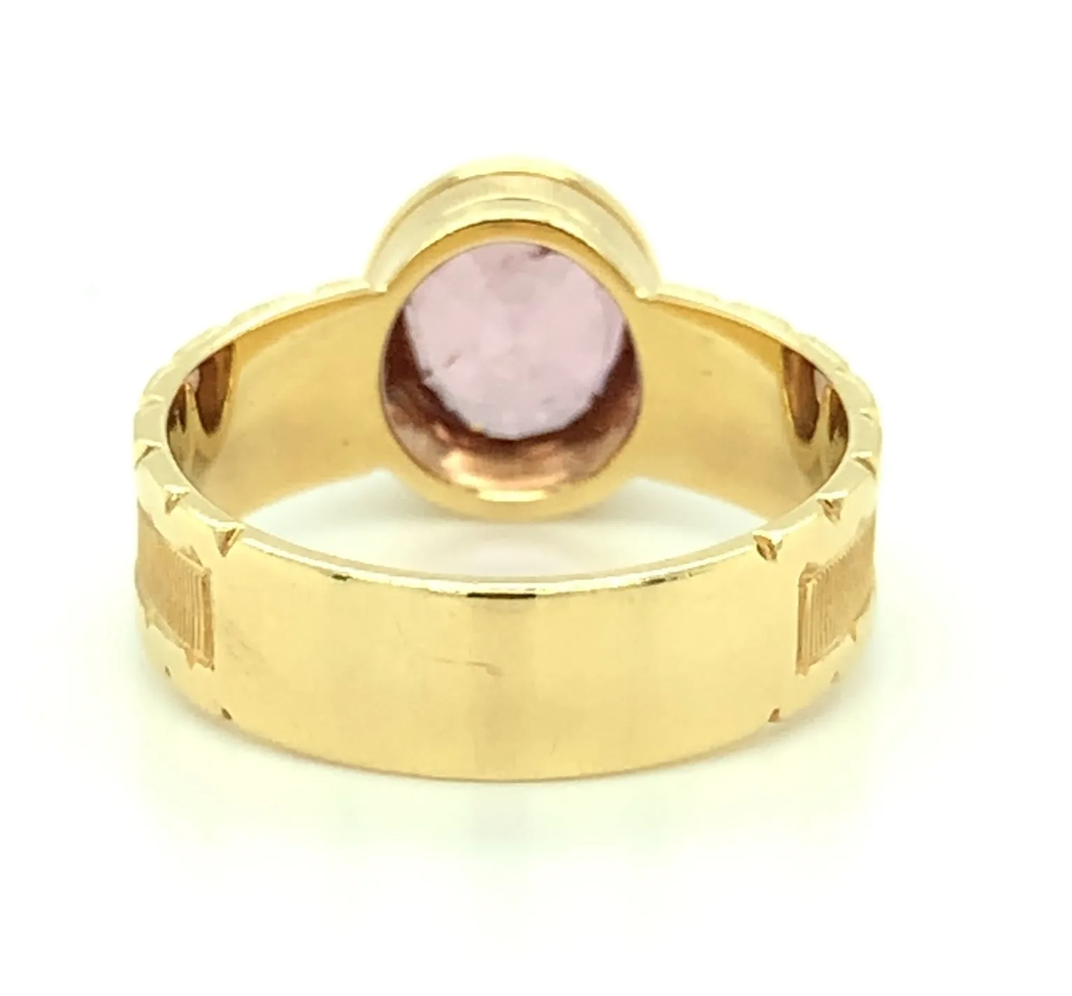 2.03 ct. Pink Spinel Oval, Yellow Gold Bezel, Handmade Engraved Band Ring