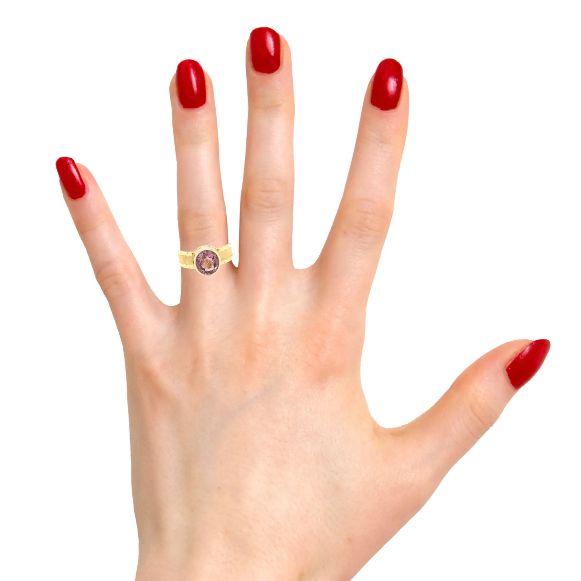 2.03 ct. Pink Spinel Oval, Yellow Gold Bezel, Handmade Engraved Band Ring