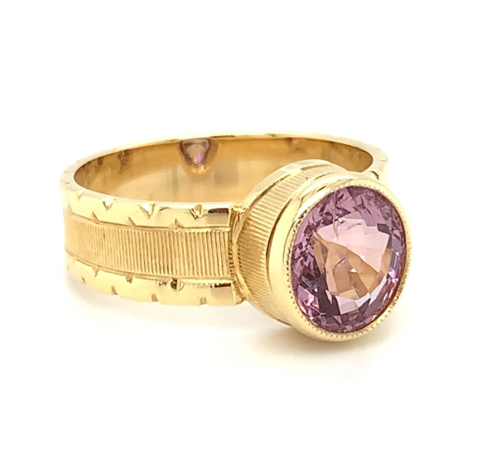 2.03 ct. Pink Spinel Oval, Yellow Gold Bezel, Handmade Engraved Band Ring