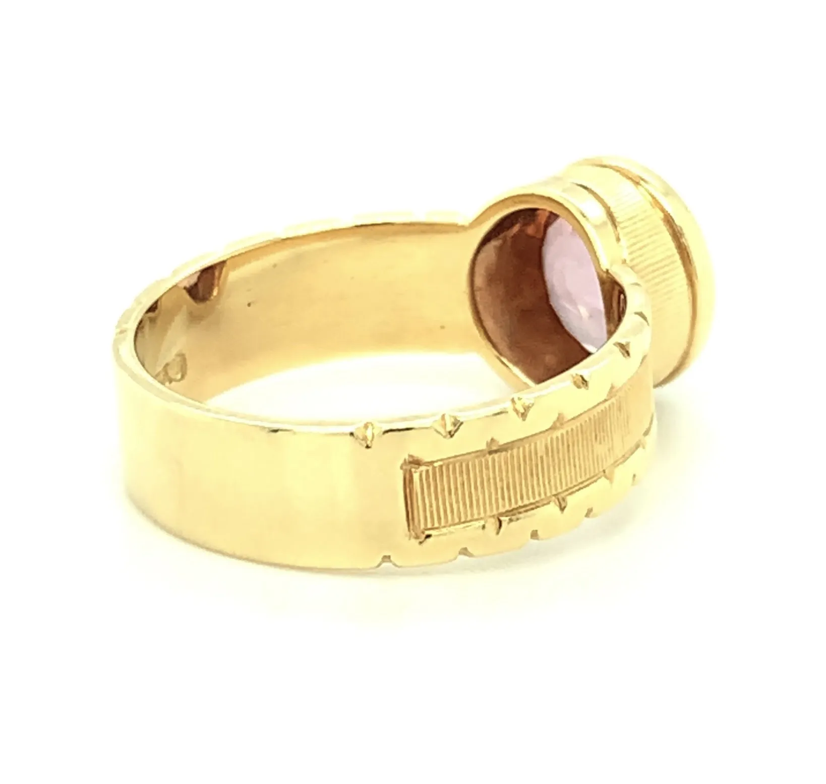 2.03 ct. Pink Spinel Oval, Yellow Gold Bezel, Handmade Engraved Band Ring