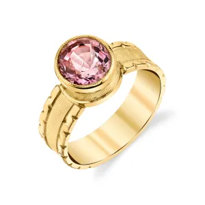 2.03 ct. Pink Spinel Oval, Yellow Gold Bezel, Handmade Engraved Band Ring