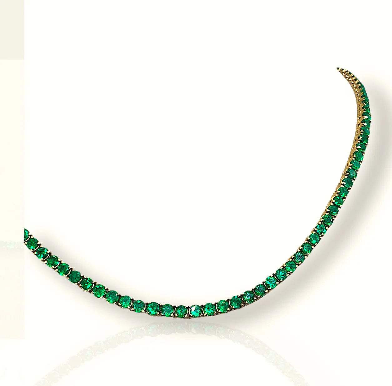 21.00 Carat AAA  Colombian Emerald Tennis Necklace 18 Karat Yellow Gold