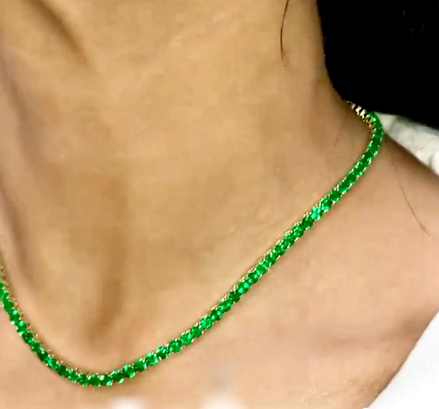 21.00 Carat AAA  Colombian Emerald Tennis Necklace 18 Karat Yellow Gold