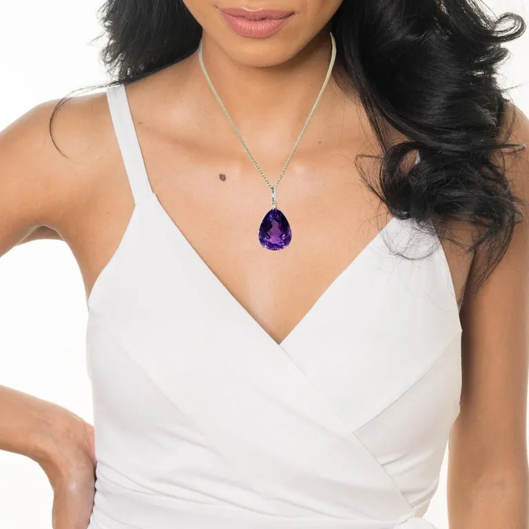 40 Carat Pear Shape Amethyst and Diamond Pendant in 18k Yellow Gold with Chain