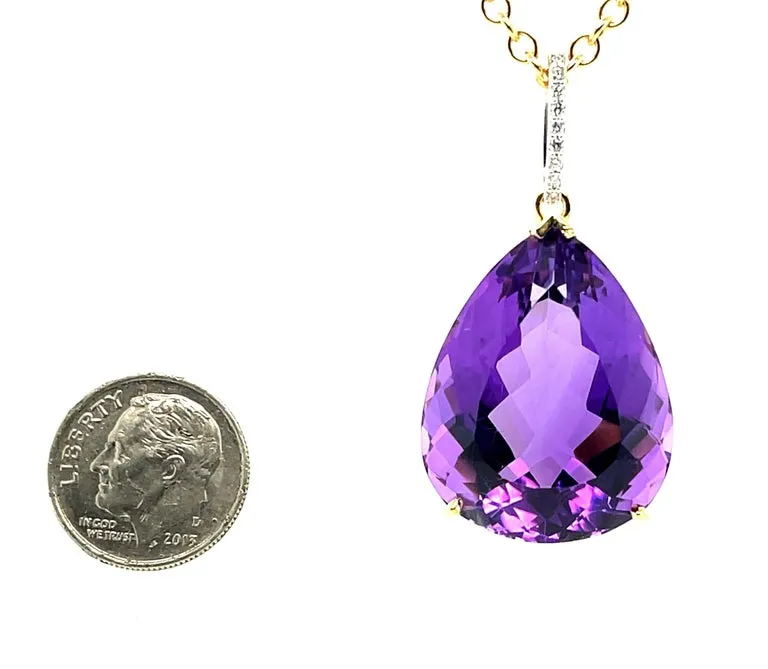40 Carat Pear Shape Amethyst and Diamond Pendant in 18k Yellow Gold with Chain