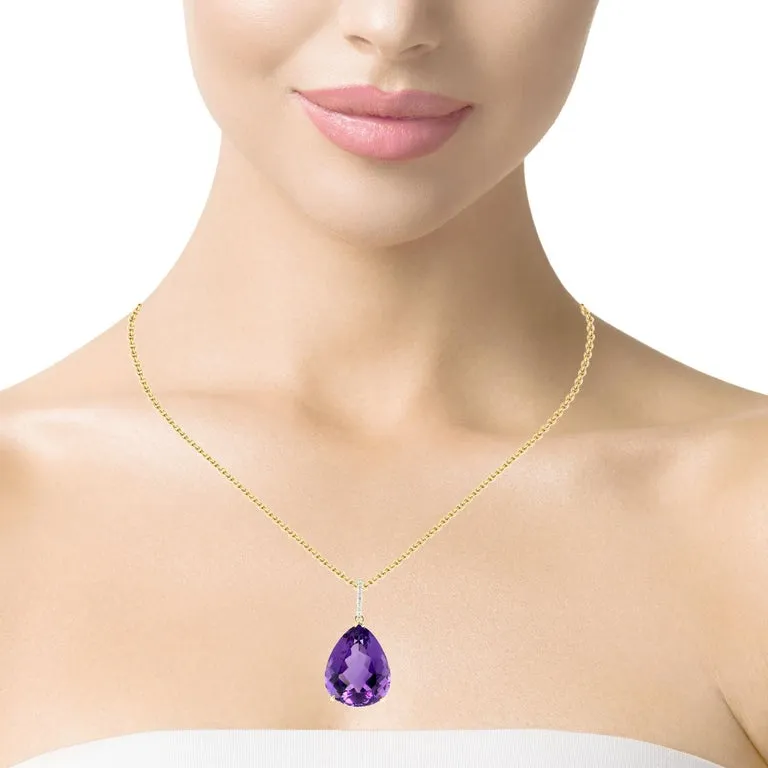 40 Carat Pear Shape Amethyst and Diamond Pendant in 18k Yellow Gold with Chain