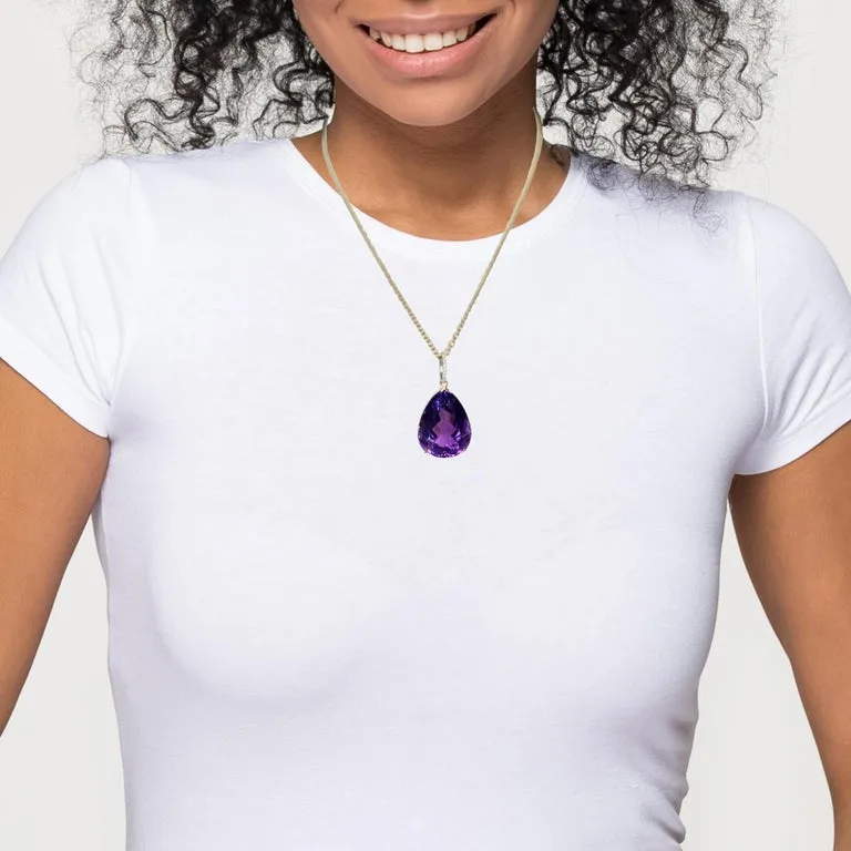 40 Carat Pear Shape Amethyst and Diamond Pendant in 18k Yellow Gold with Chain