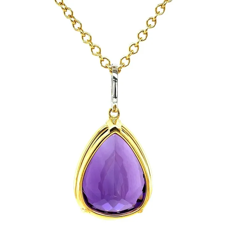 40 Carat Pear Shape Amethyst and Diamond Pendant in 18k Yellow Gold with Chain