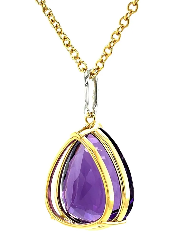 40 Carat Pear Shape Amethyst and Diamond Pendant in 18k Yellow Gold with Chain
