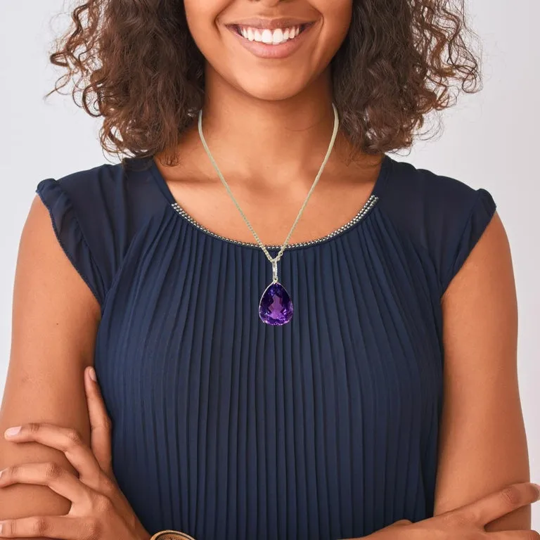 40 Carat Pear Shape Amethyst and Diamond Pendant in 18k Yellow Gold with Chain