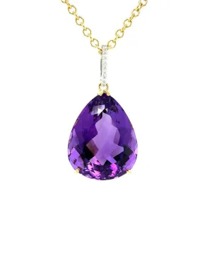 40 Carat Pear Shape Amethyst and Diamond Pendant in 18k Yellow Gold with Chain