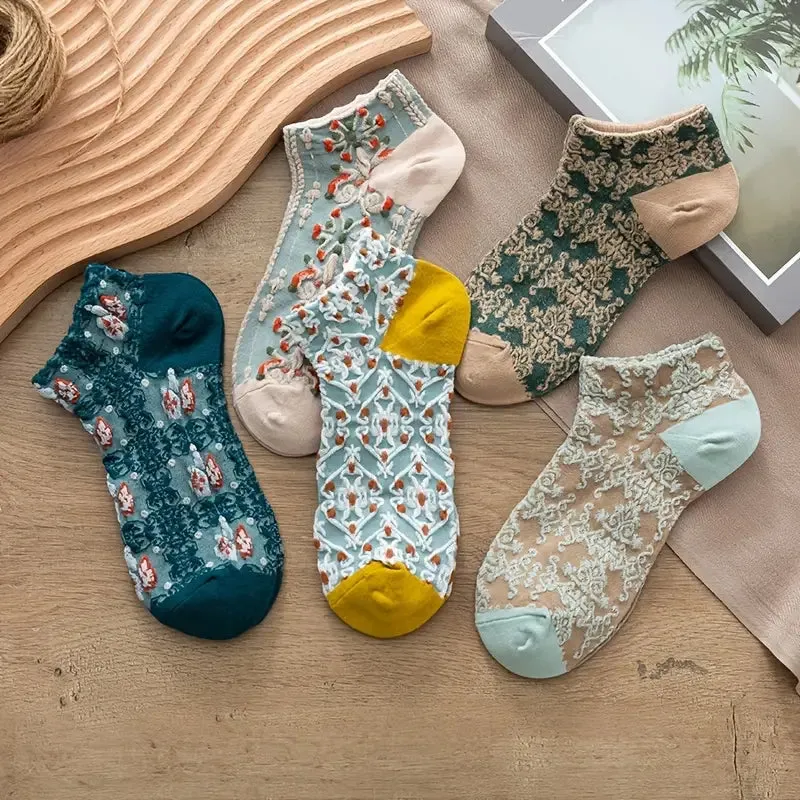 5-Pairs: Vintage Court Style Short Socks
