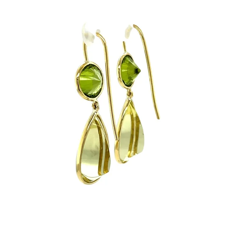 5.53 Carat Total Fantasy Cut Citrine, Peridot, Yellow Gold Drop Earrings
