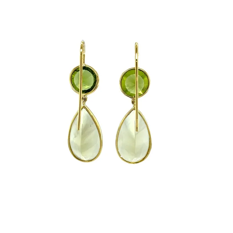 5.53 Carat Total Fantasy Cut Citrine, Peridot, Yellow Gold Drop Earrings
