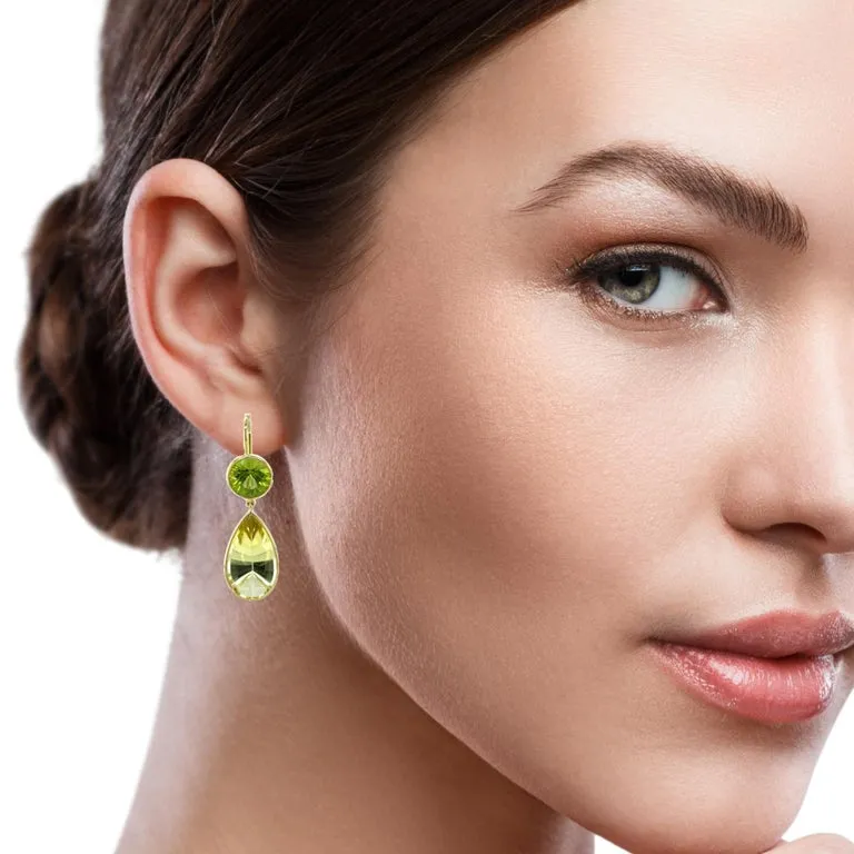 5.53 Carat Total Fantasy Cut Citrine, Peridot, Yellow Gold Drop Earrings