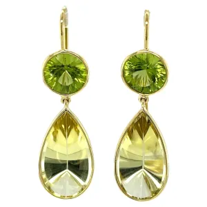 5.53 Carat Total Fantasy Cut Citrine, Peridot, Yellow Gold Drop Earrings