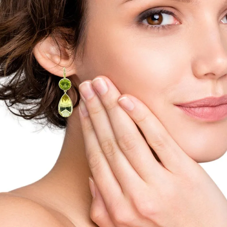 5.53 Carat Total Fantasy Cut Citrine, Peridot, Yellow Gold Drop Earrings