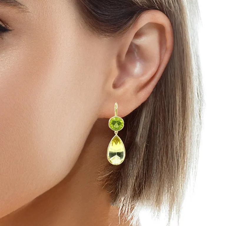 5.53 Carat Total Fantasy Cut Citrine, Peridot, Yellow Gold Drop Earrings