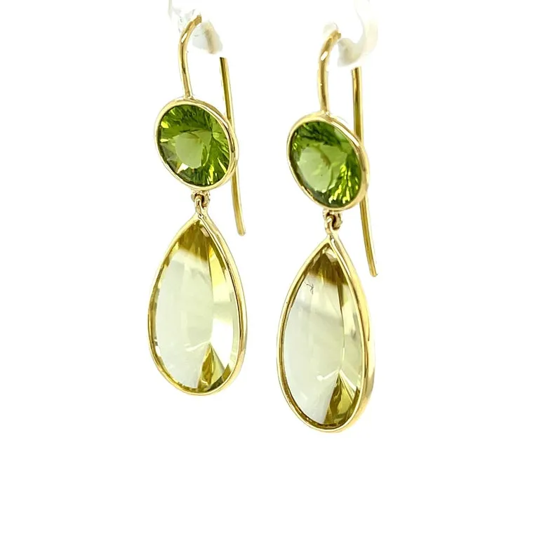 5.53 Carat Total Fantasy Cut Citrine, Peridot, Yellow Gold Drop Earrings