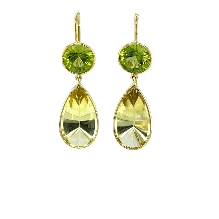 5.53 Carat Total Fantasy Cut Citrine, Peridot, Yellow Gold Drop Earrings