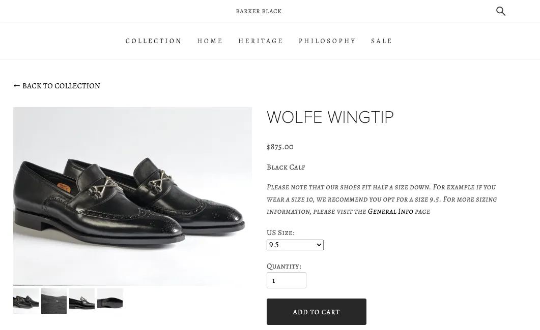 $875 BARKER BLACK - "WOLFE WINGTIP" Iconic Black Logo Loafer - 9.5US (8.5 UK)