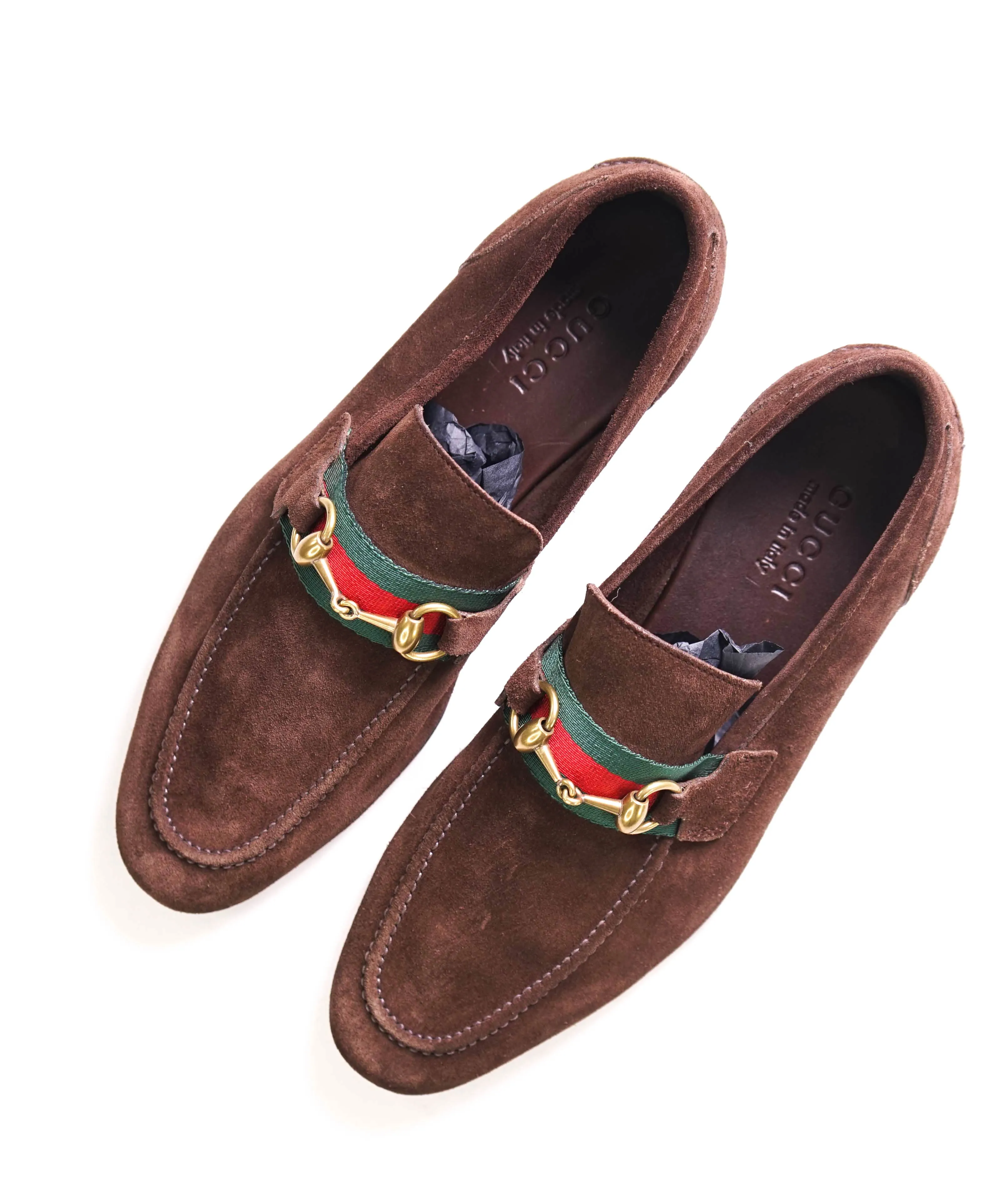 $920 GUCCI - WEB Brown Suede ICONIC WEB Horsebit Leather Loafers - 9US (8.5G)