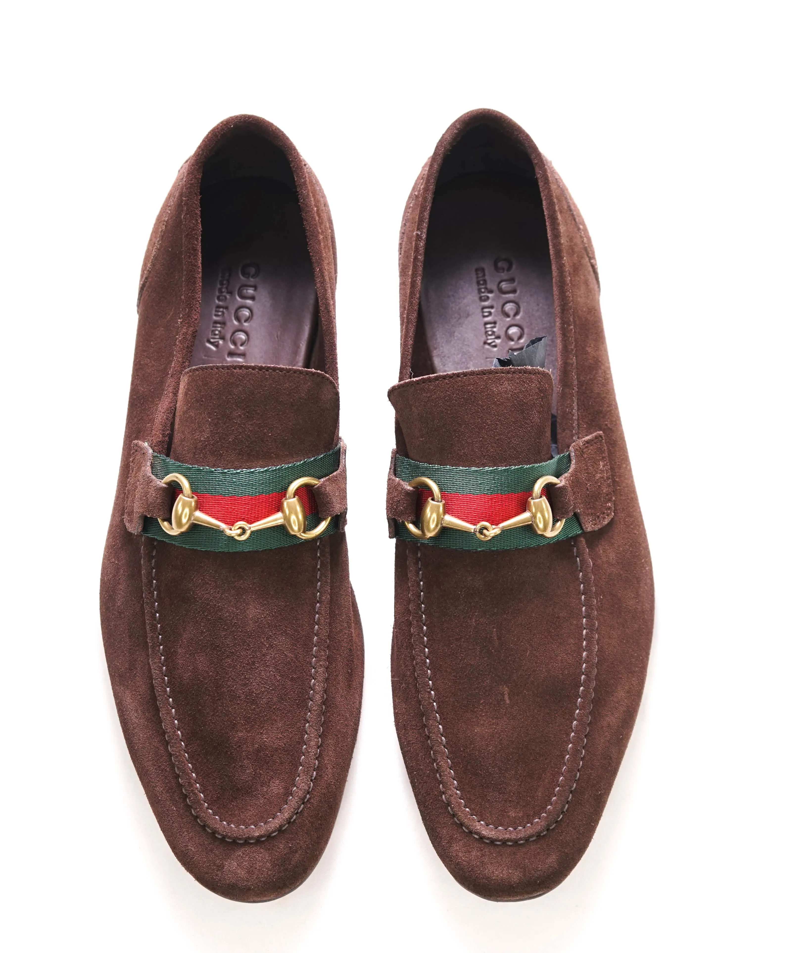$920 GUCCI - WEB Brown Suede ICONIC WEB Horsebit Leather Loafers - 9US (8.5G)