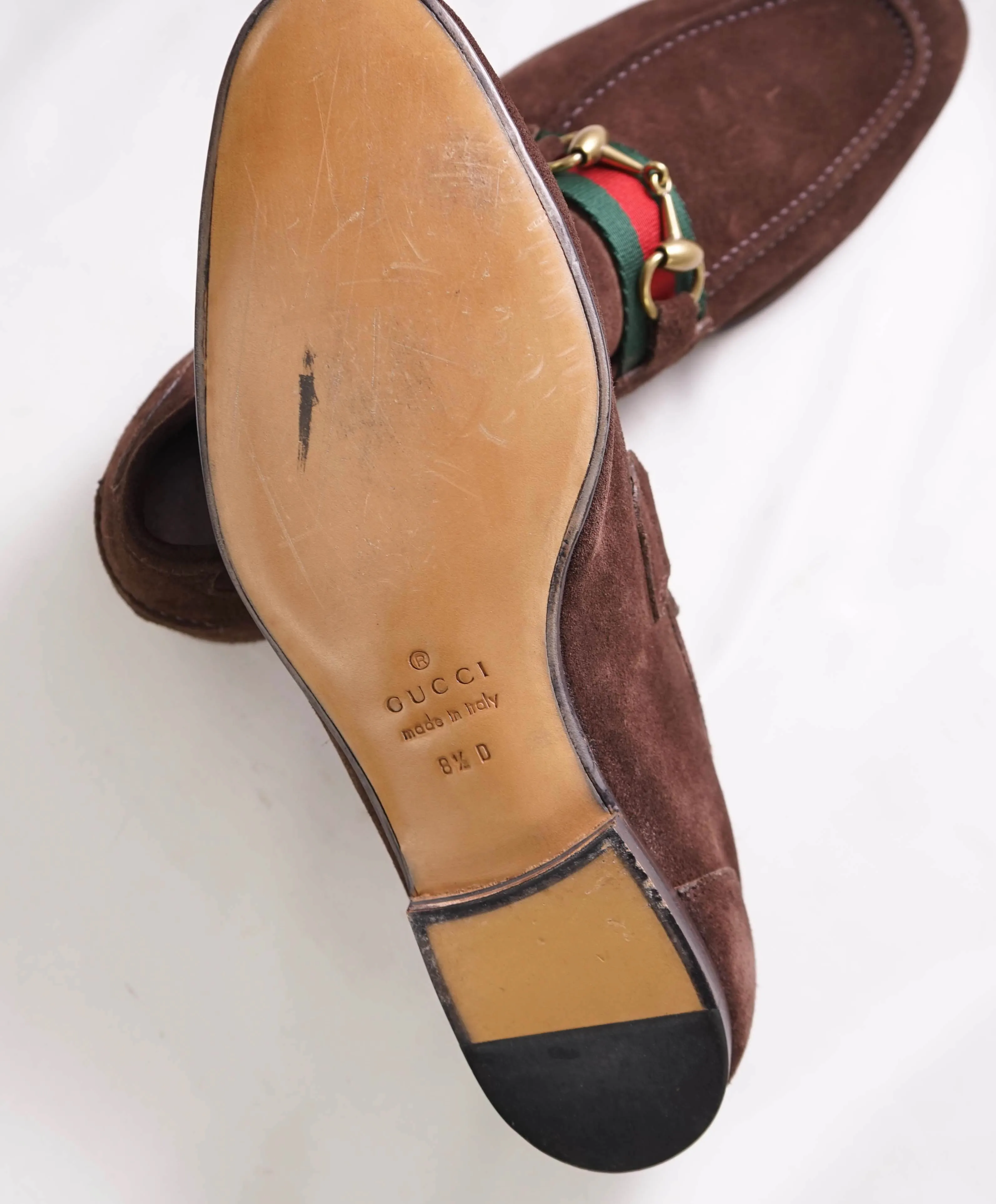 $920 GUCCI - WEB Brown Suede ICONIC WEB Horsebit Leather Loafers - 9US (8.5G)