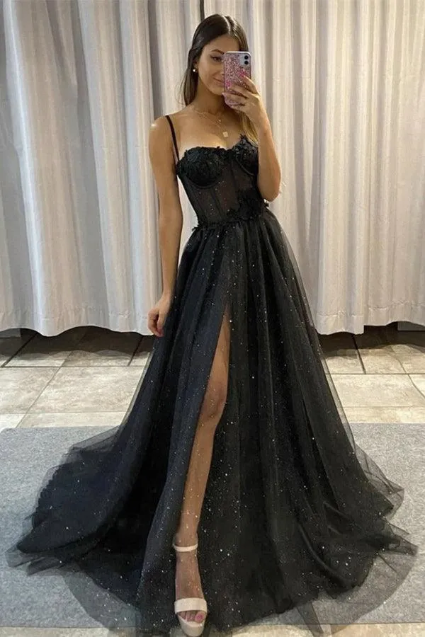 A-line Black Tulle Sweetheart Long Prom Dress Split Dress PSK305
