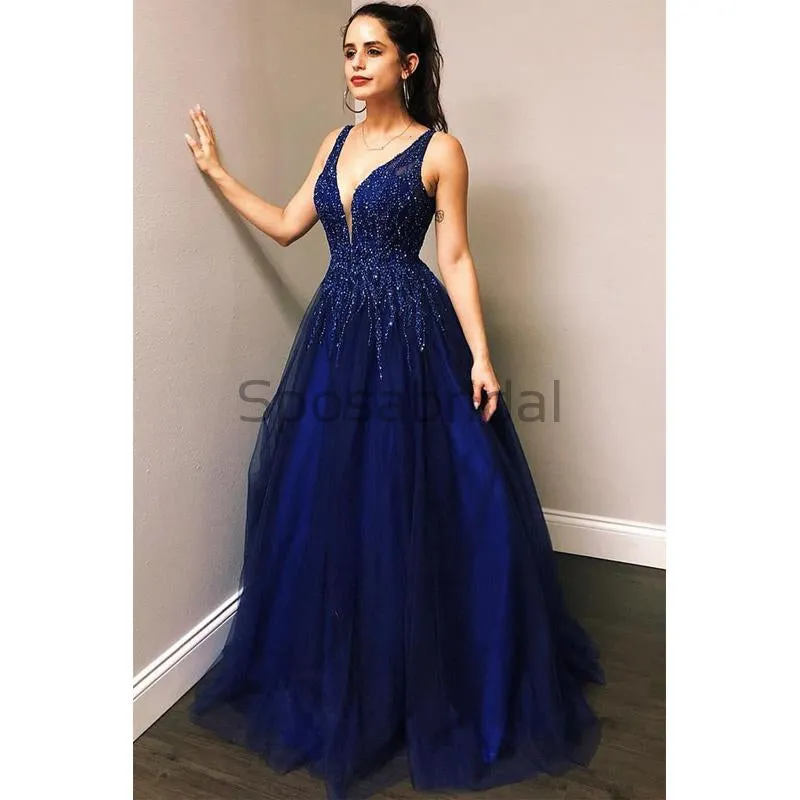 A-line Blue Tulle Sequin Sparkly Shining Formal Modest Formal Prom Dresses PD1691