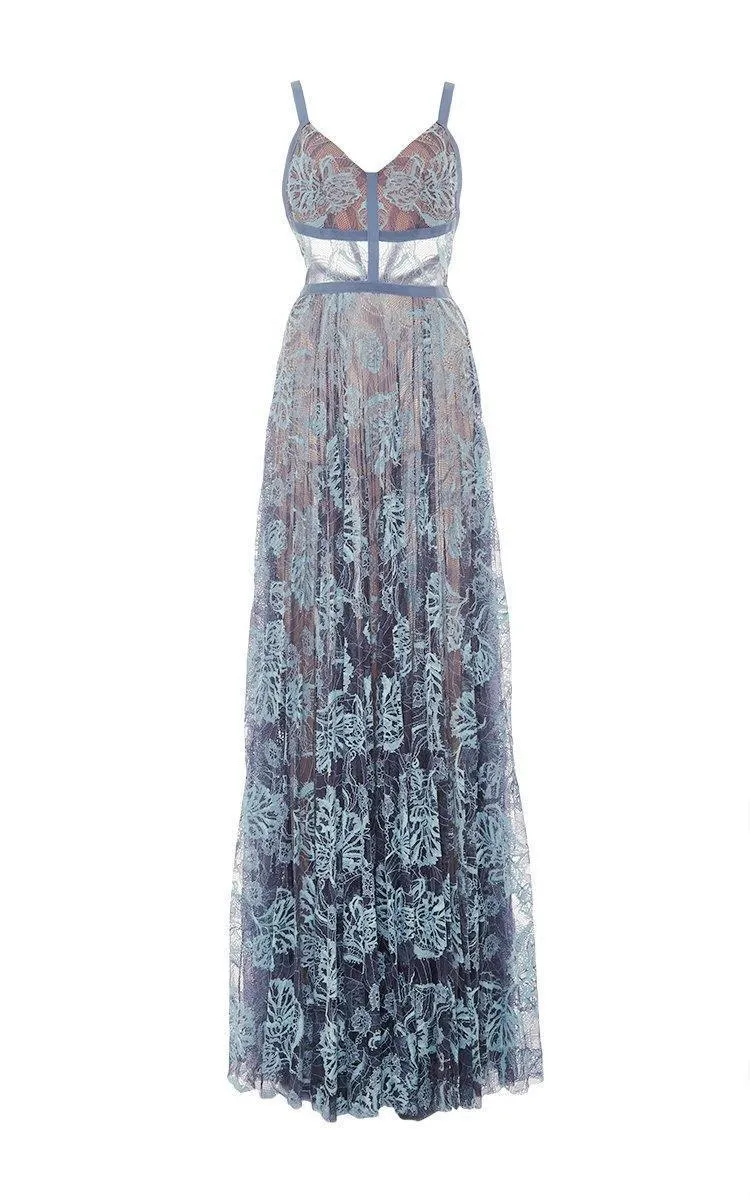 A Line Floor Length V Neck Spaghetti Sleeveless Lace Prom Dress PSK087