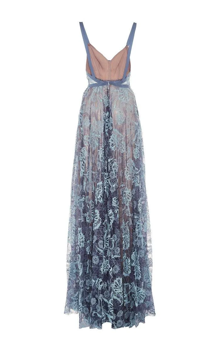 A Line Floor Length V Neck Spaghetti Sleeveless Lace Prom Dress PSK087