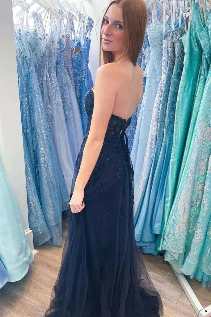 A-line Hot Pink Strapless Floral Appliques Long Prom Dress PSK495