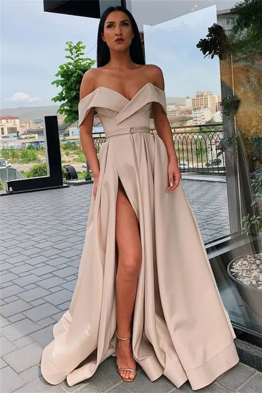 A-line Off The Shoulder Burgundy Formal Dresses with Side Slit CS7264