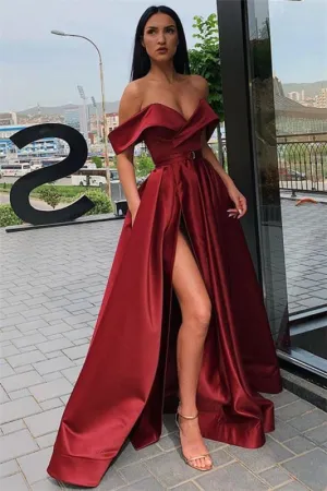 A-line Off The Shoulder Burgundy Formal Dresses with Side Slit CS7264