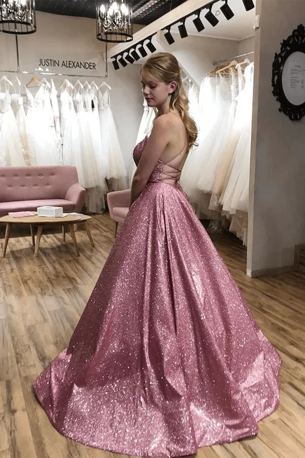 A-Line Scoop Spaghetti Straps Sparkle Prom/Formal Dress With Pockets TP0984