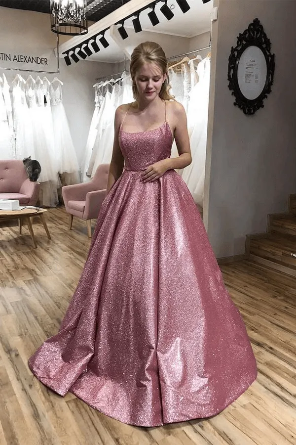 A-Line Scoop Spaghetti Straps Sparkle Prom/Formal Dress With Pockets TP0984