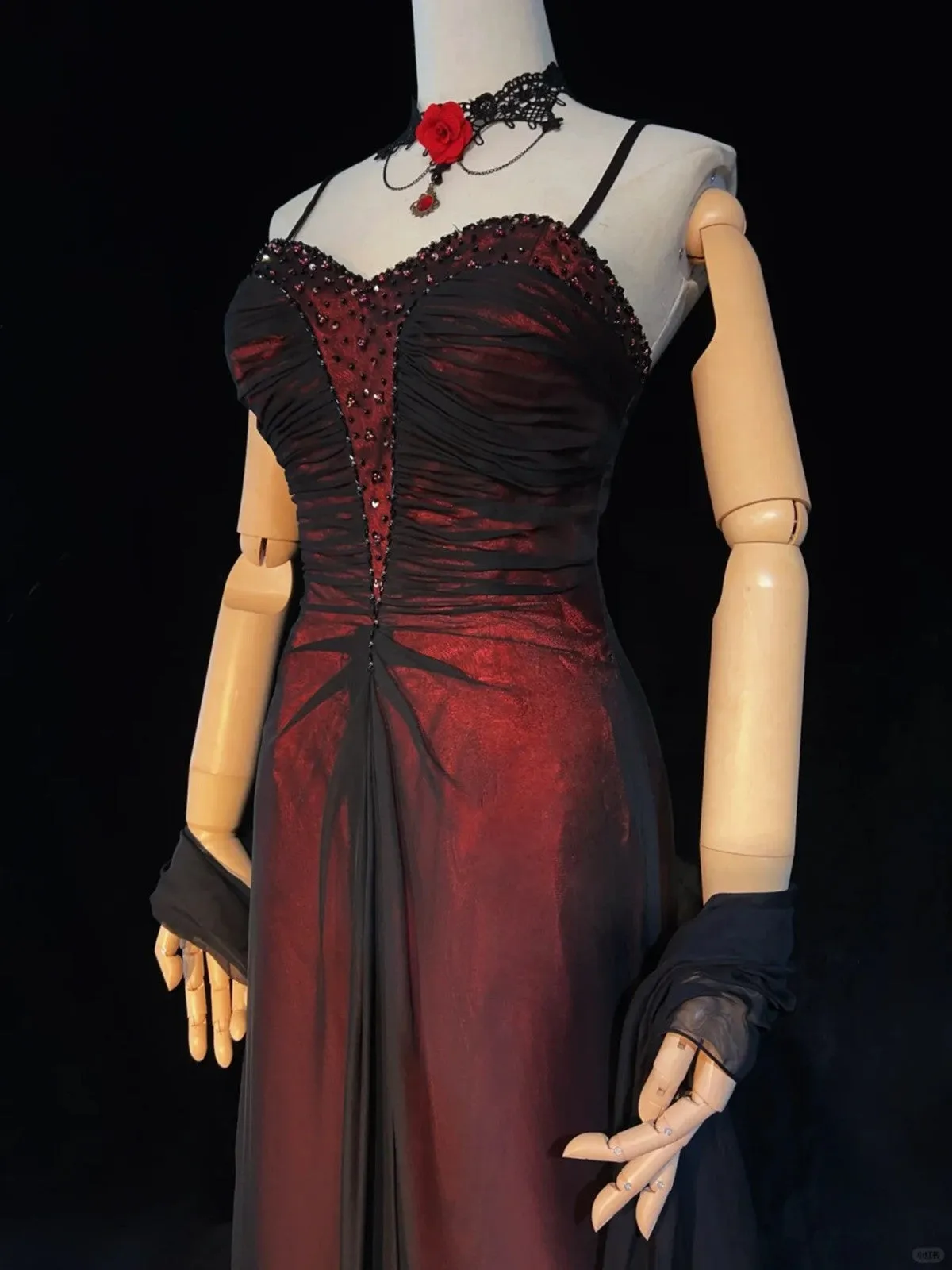 A-line  Style Black and Red Beaded Prom Dress, Black and Red Formal Dress