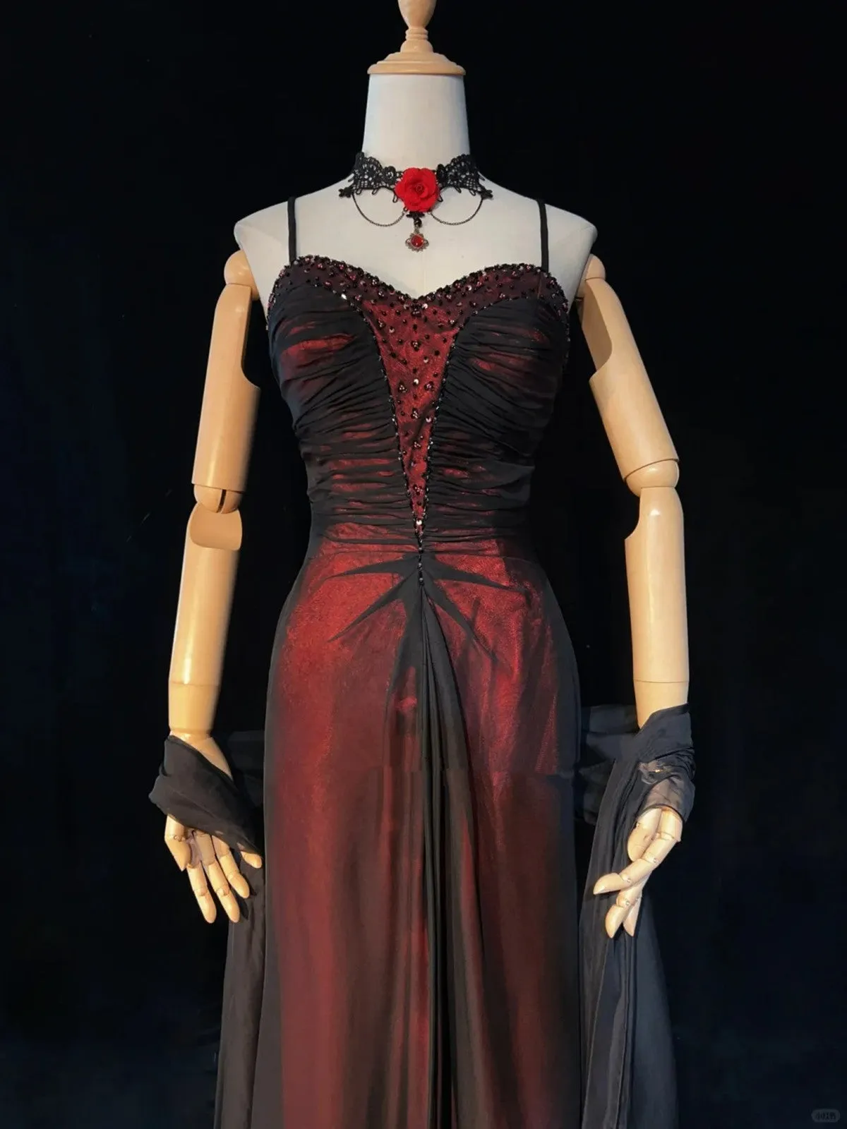 A-line  Style Black and Red Beaded Prom Dress, Black and Red Formal Dress