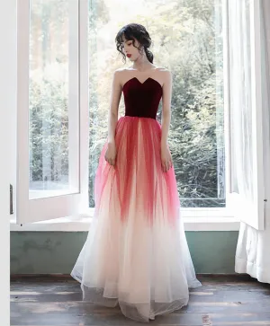 A-Line Tulle Burgundy Long Prom Dresses, Burgundy Formal Party Dress