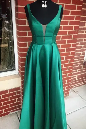 A-line V neck Blue Satin Long Prom/Formal Dress with Pockets PSK055
