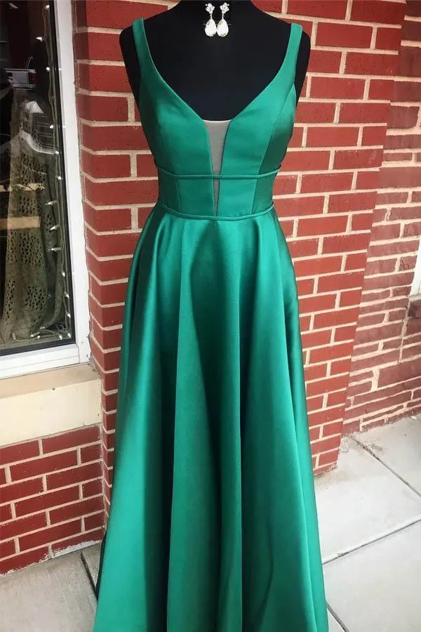 A-line V neck Blue Satin Long Prom/Formal Dress with Pockets PSK055