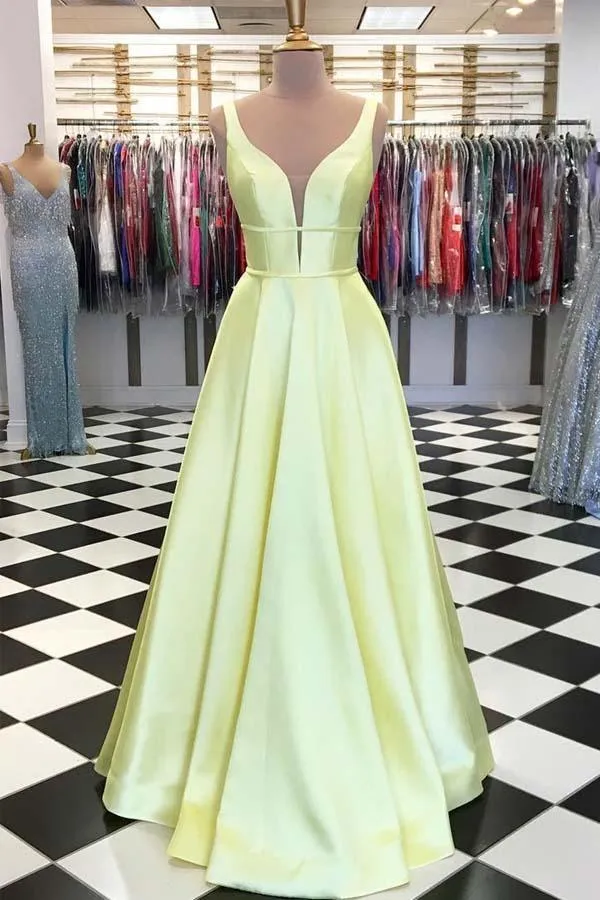 A-line V neck Blue Satin Long Prom/Formal Dress with Pockets PSK055