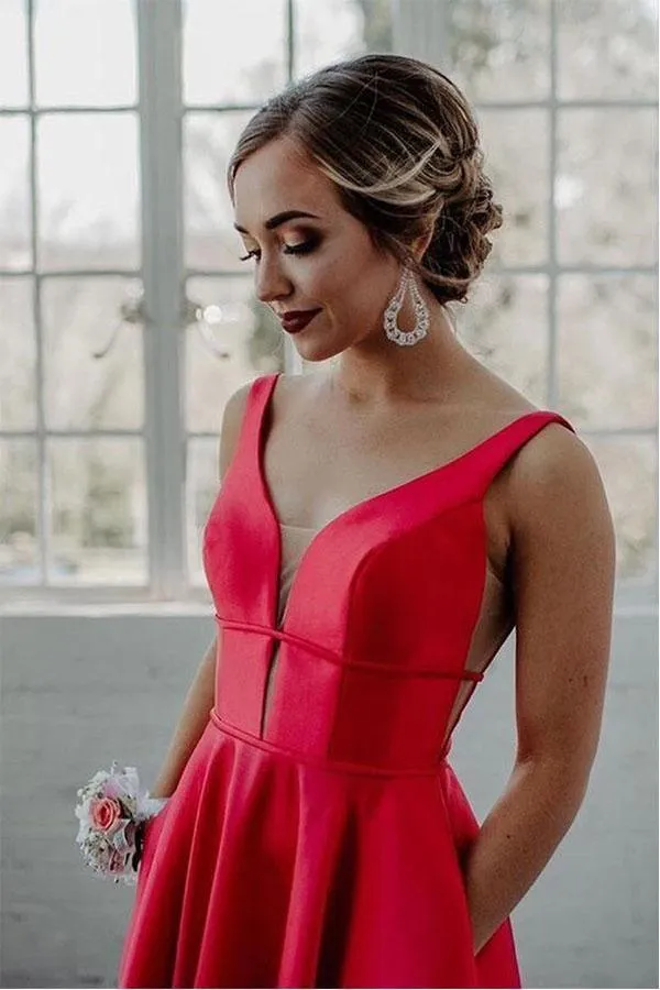 A-line V neck Blue Satin Long Prom/Formal Dress with Pockets PSK055