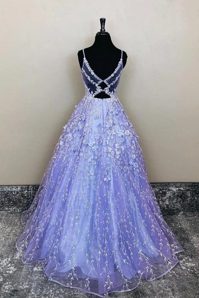 A-Line V-Neck Lavender Lace Floral Long Prom Evening Dress  PSK385